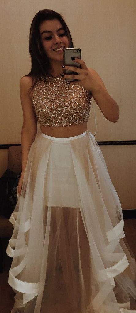 White Beading Two Pieces Real Made Evening Dresses Prom Dresses - Laurafashionshop