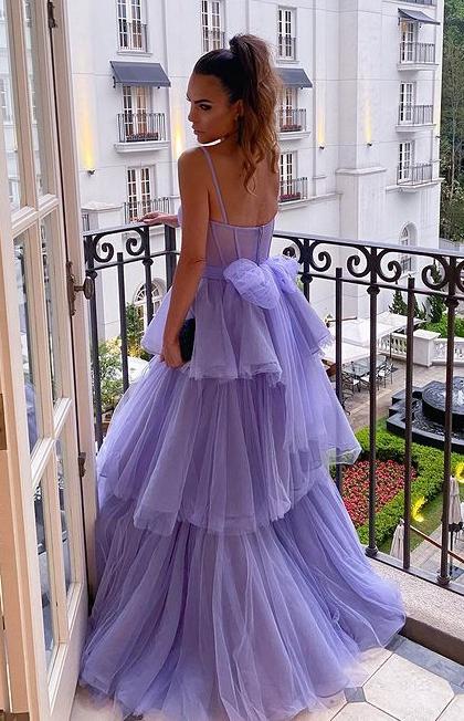 Layered Evening Formal Dresses Purple A-Line Tulle Long Prom Dresses