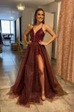 A Line Burgundy Tulle Spaghetti Straps Long Prom Dresses With Slit