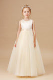 Champagne Satin Sleeveless Tulle Flower Girl Dress With Bow