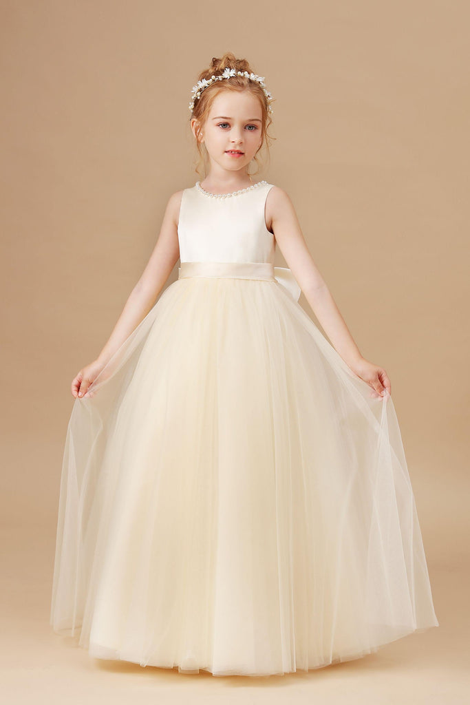 Champagne Satin Sleeveless Tulle Flower Girl Dress With Bow