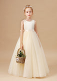 Champagne Satin Sleeveless Tulle Flower Girl Dress With Bow