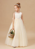 Champagne Satin Sleeveless Tulle Flower Girl Dress With Bow