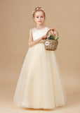 Champagne Satin Sleeveless Tulle Flower Girl Dress With Bow