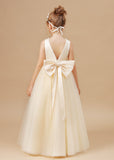 Champagne Satin Sleeveless Tulle Flower Girl Dress With Bow