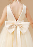 Champagne Satin Sleeveless Tulle Flower Girl Dress With Bow