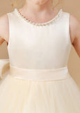 Champagne Satin Sleeveless Tulle Flower Girl Dress With Bow