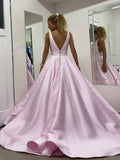 V-Neck Ball Gown Long Lace Light Pink Satin Appliques Evening Dresses Prom Dresses