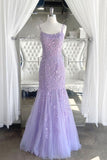 Long Lace Tulle Evening Dresses Lilac Spaghetti Straps Mermaid Appliques Prom Dresses