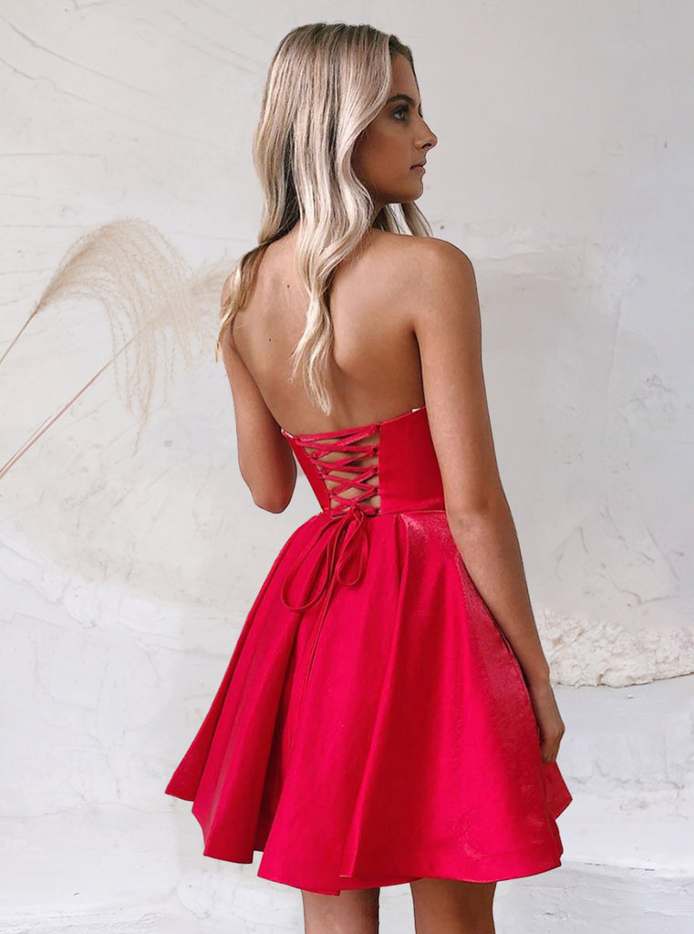 Shiny A-line Strapless Red Satin Short Homecoming Dresses – Laurafashionshop