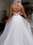 A-line V-neck Sleeveless Shiny White Tulle Long Prom Dress, Evening Gown