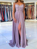 Modest A-line Spaghetti Straps Purple Chiffon High Slit Prom Dresses
