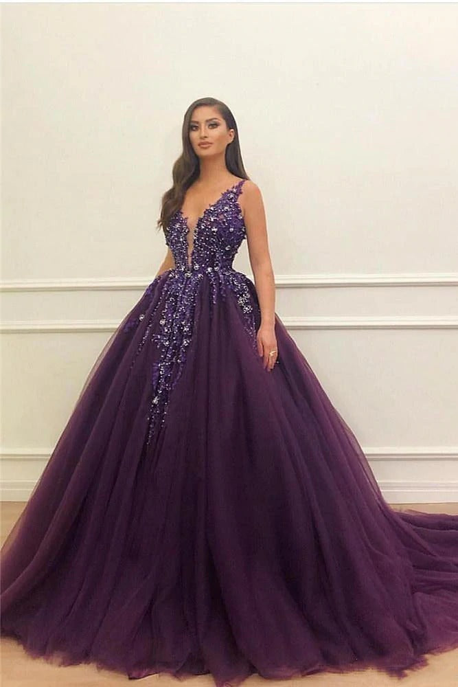 V-neck Floor-length Grape Elegant Tulle Ball Gown Prom Dresses