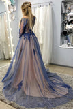 A-Line Tulle Purple Formal Evening Dresses Long Sleeves Appliques Long Prom Dresses