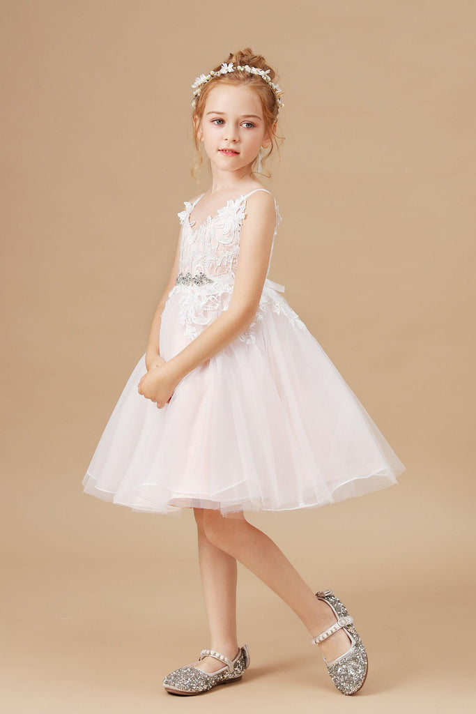 Halter top V neck Appliques Tulle Flower Girl Dresses with Sash
