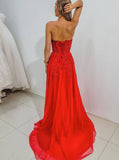 Sexy A-line Strapless Red Long Prom dresses With Slit