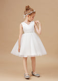 Satin Ivory V-neck Tulle Flower Girl Dresses With Bowknot