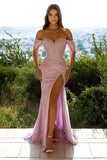Pink Formal Dress Off-the-Shoulder Sequins Mermaid Prom Dress Split