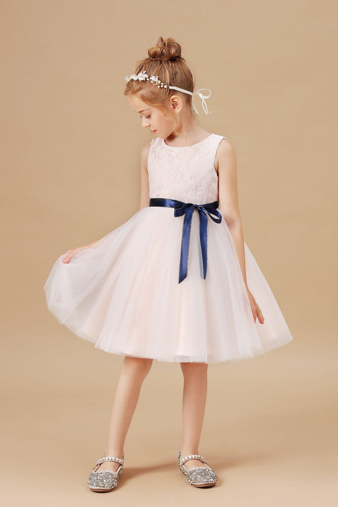 Sleeveless Satin Lace Tulle Flower Girl Dresses With Bowknot