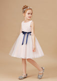 Sleeveless Satin Lace Tulle Flower Girl Dresses With Bowknot