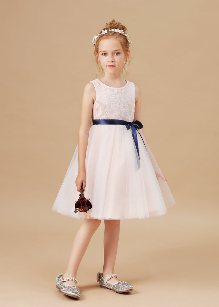 Sleeveless Satin Lace Tulle Flower Girl Dresses With Bowknot