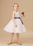 Sleeveless Satin Lace Tulle Flower Girl Dresses With Bowknot