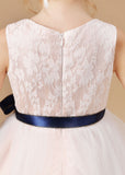 Sleeveless Satin Lace Tulle Flower Girl Dresses With Bowknot