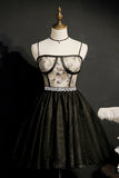 Black Lace Beading Belt Spaghetti Straps Short Prom Dress Homecoming Dress