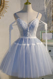 Sky Blue Spaghetti Straps Tulle Birthday Party Prom Dress Short Homecoming Dress