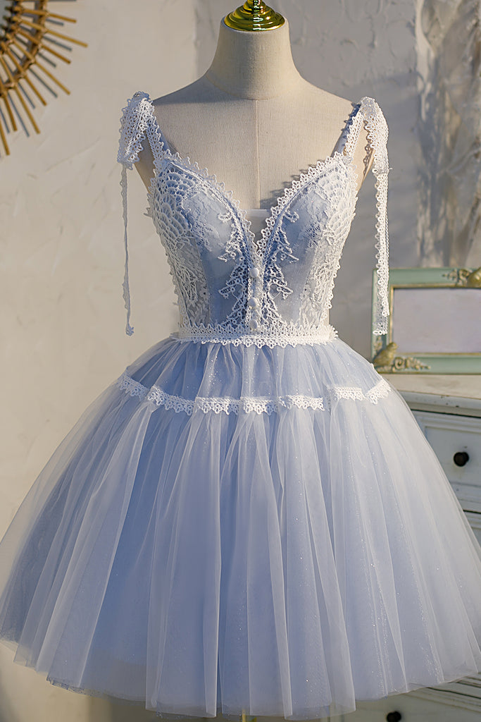 Sky Blue Spaghetti Straps Tulle Birthday Party Prom Dress Short Homecoming Dress