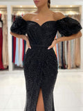 Sequined Slit Formal Evening Dresses Black Off the Shoulder Mermaid Long Prom Dresses