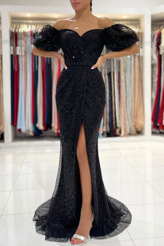 Sequined Slit Formal Evening Dresses Black Off the Shoulder Mermaid Long Prom Dresses