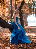 Pretty A-line One Shoulder Blue Tulle Appliques Prom Dress, Evening Gowns