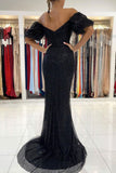 Sequined Slit Formal Evening Dresses Black Off the Shoulder Mermaid Long Prom Dresses