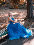 Pretty A-line One Shoulder Blue Tulle Appliques Prom Dress, Evening Gowns