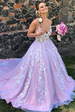 A Line Lace Appliques Tulle Gorgeous Backless Evening Dress Long Prom Dress