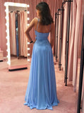 Simple A-line Spaghetti Straps Blue Chiffon Long Prom Dress, Bridesmaid Dresses