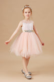 Tulle Satin Sleeveless Applique Flower Girl Dresses With Rhinestone Belt