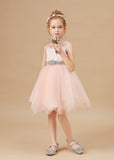 Tulle Satin Sleeveless Applique Flower Girl Dresses With Rhinestone Belt