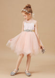 Tulle Satin Sleeveless Applique Flower Girl Dresses With Rhinestone Belt