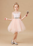 Tulle Satin Sleeveless Applique Flower Girl Dresses With Rhinestone Belt