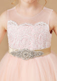 Tulle Satin Sleeveless Applique Flower Girl Dresses With Rhinestone Belt