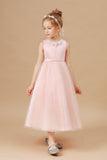 Sleeveless Tulle Satin Applique Flower Girl Dresses With Bowknot