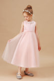 Sleeveless Tulle Satin Applique Flower Girl Dresses With Bowknot