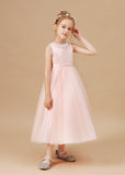 Sleeveless Tulle Satin Applique Flower Girl Dresses With Bowknot