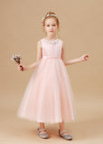 Sleeveless Tulle Satin Applique Flower Girl Dresses With Bowknot