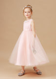 Sleeveless Tulle Satin Applique Flower Girl Dresses With Bowknot