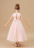 Sleeveless Tulle Satin Applique Flower Girl Dresses With Bowknot