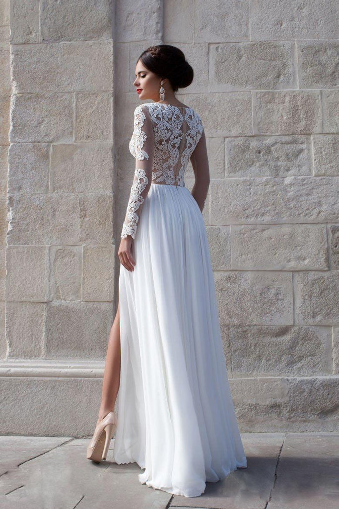 Top White Elegant Long Sleeves Appliques Brdial Wedding Dress - Laurafashionshop