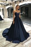 Princess Sweetheart Spaghetti Straps Dark Blue Long Satin Prom Dress With Lace